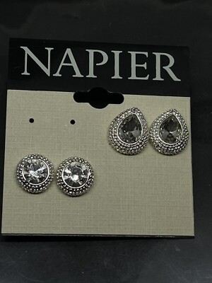 Napier Textured SilverTone Clear Rhinestones Post Stud Earrings Set Of 2 NWT