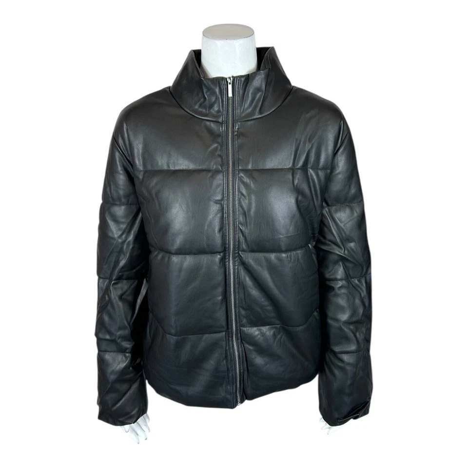 Chaqueta acolchada Du Jour para mujer de cuero sintético con cremallera frontal negra lisa talla X grande