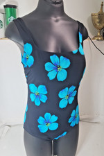 Vintage Robby Len One Piece Swimsuit Women's Size 12 Floral Blue Black Cross