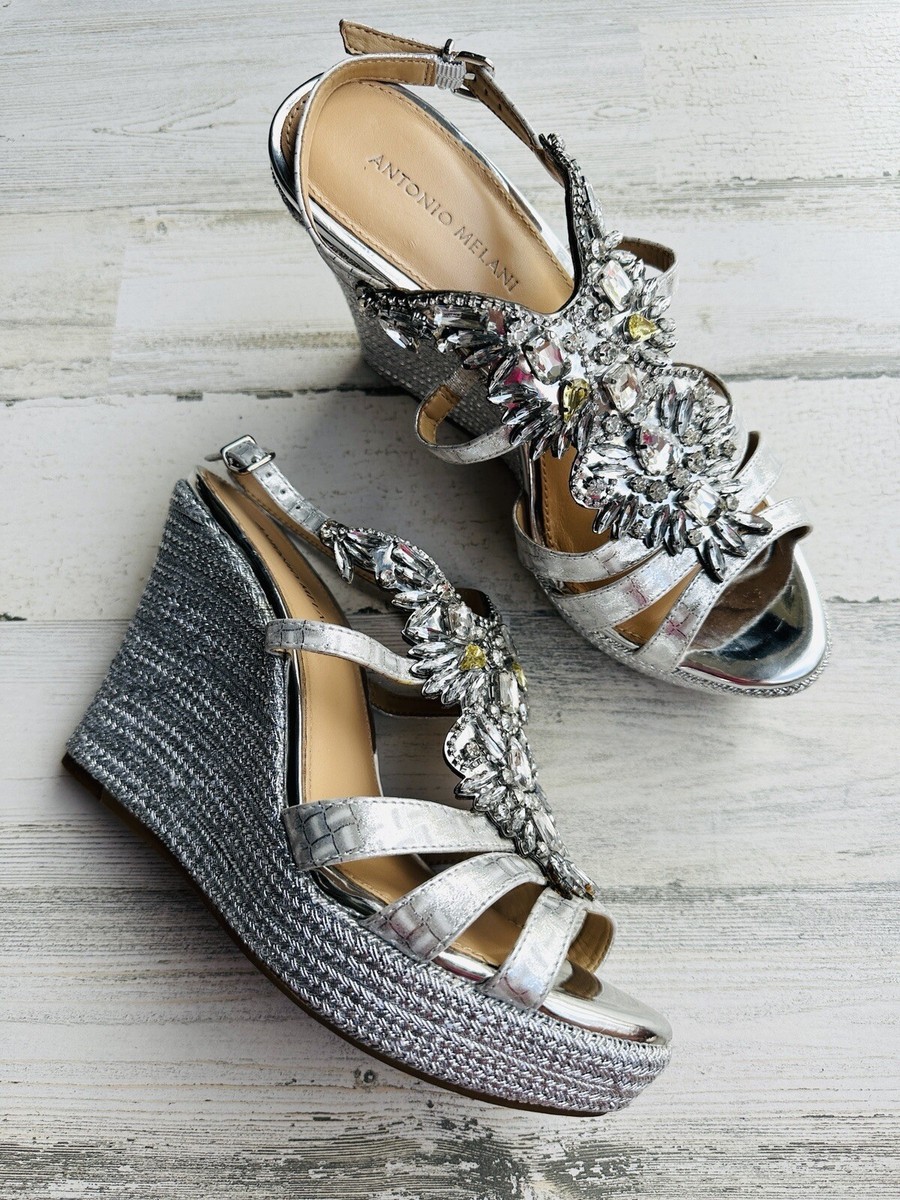 Antonio Melani Women's Size Silver Open Toe Rhinestone Glam Wedge Heels