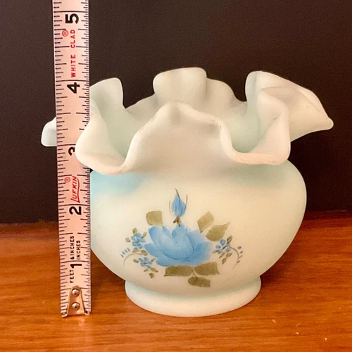 Fenton Light Blue Custard Satin Glass Vase Ruffle Hand Painted Floral Signed