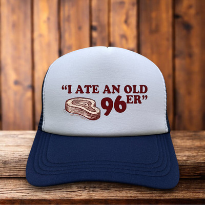 1988 The Great Outdoors I Ate An Old 96er Mens Trucker Hat Navy Steak Challenge