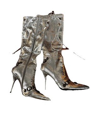 Womens Silver Animal Print Knee High Boots Pointed Toe Zip Synthetic US 9