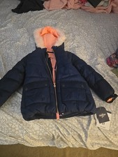Osh Kosh Girls M 5-6 Parka Jacket Navy/Pink Fur Trimmed Fleece Lined Hood EUC