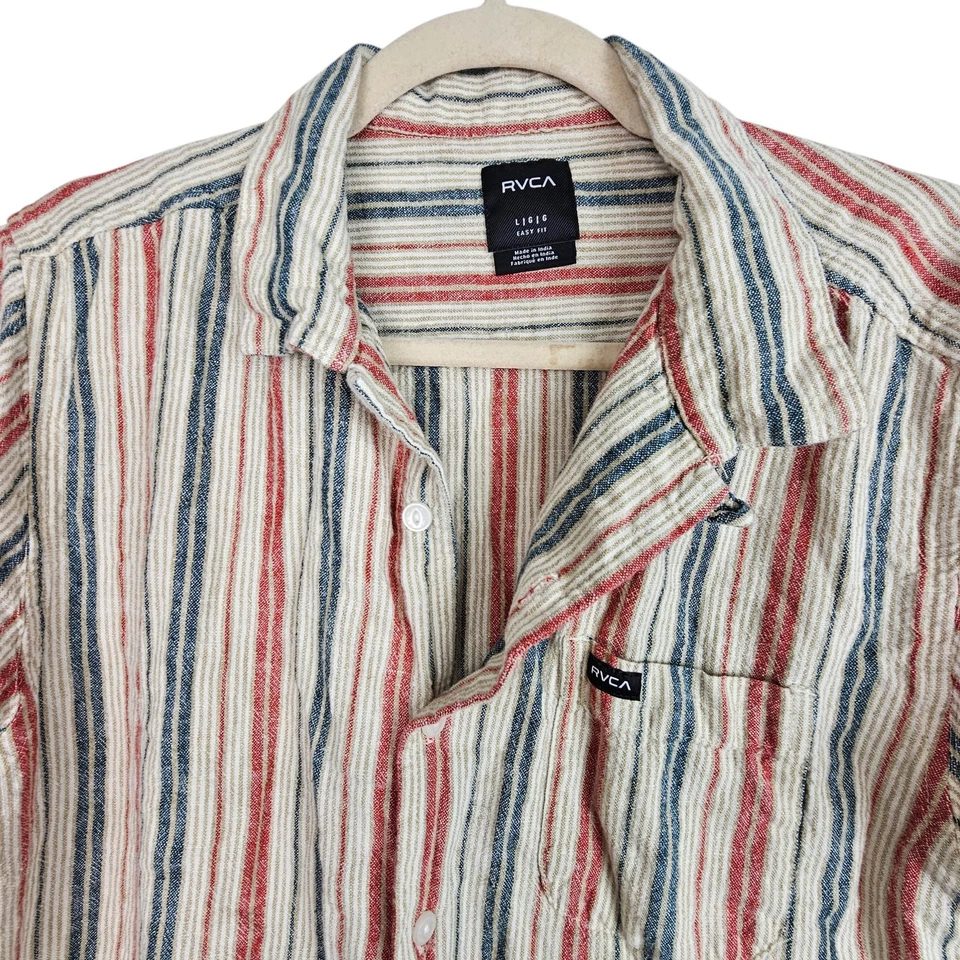 Camisa RVCA Abotonada RVCA Mezcla de Lino Camisa Hombres L Rosa Rayas Camisa Hombres Tejida Foto 2 de 4