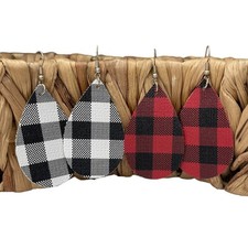 Faux Leather Teardrop Earrings Buffalo Plaid Red  Black and Black  White