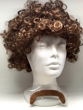 Brown Curly Wig Mustache Cosplay Halloween 60s 70s Hair Unisex
