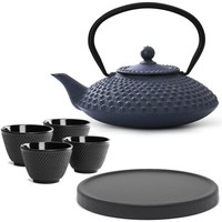 Gusseisen Teekanne 1250Ml Blau Teekannen Set Holz-Untersetzer 4 Becher Teefilter