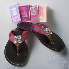 Juicy Couture Y2K Women  s Crystal Jeweled Pink Striped Thong Sandals SZ 9 EUC 