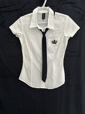 Hot Topic,Hommert,white Fitted Short Sleeve Blouse W/ Black Tie, Pocket