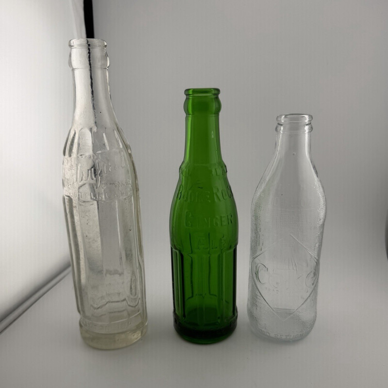 Vintage Embossed Soda Bottle Lot of 3 Green & Clear, 10 fl oz