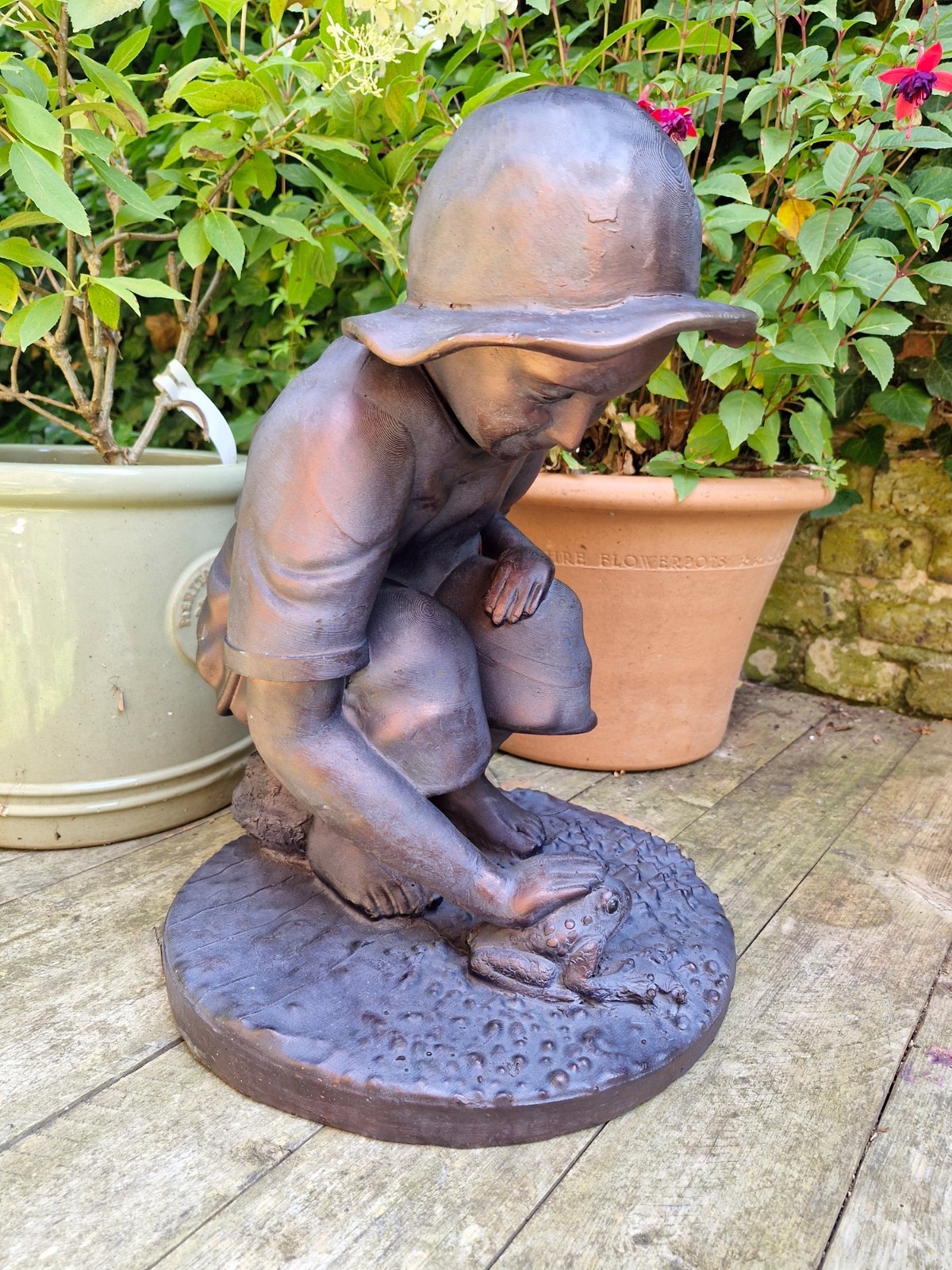 Inspirational Gifting Boy Playing with Frog Garden Sculpture Polystone Resin Ornament, Brown - Image 3