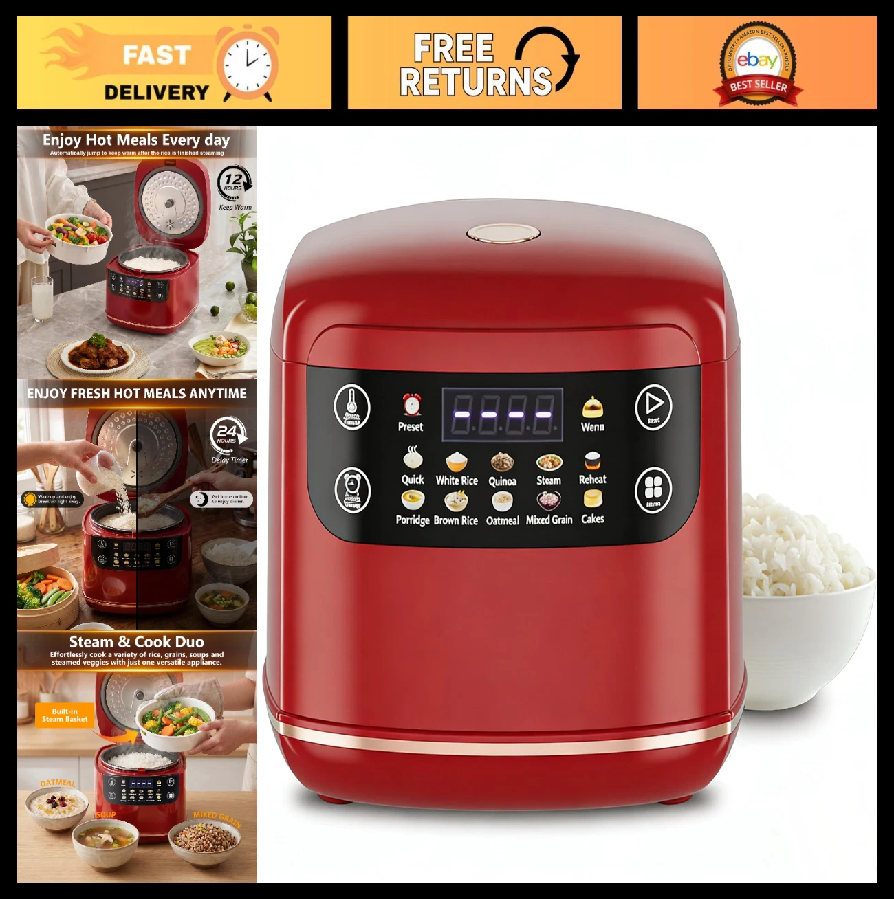 Compact 6-Cup Digital Rice Cooker with Steamer Basket, 10 Menu Options, Auto Kee