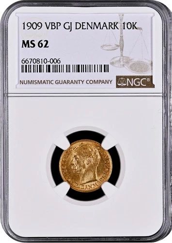 Denmark Gold 10 K 1909 MS 62 NGC Certified