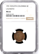 1901 Colombia Lazareto Leprosarium 5 Centavos Token, NGC MS 61, KM-L2