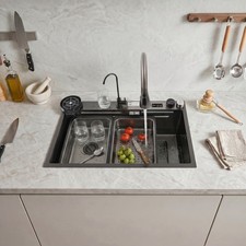 Kitchen Sink Double Basin Stainless Steel Sink Bowl W/ Pull-out Faucet
