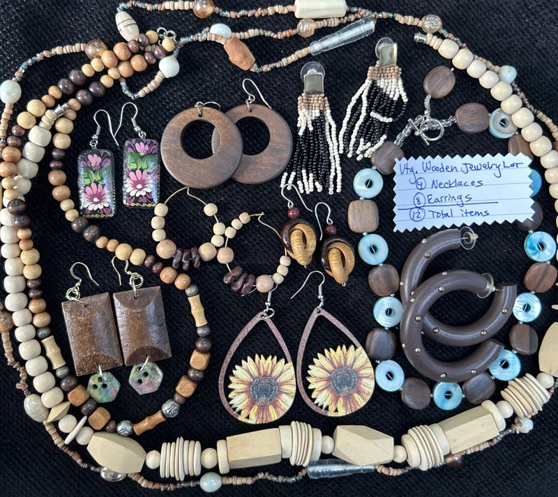 Vtg/now Wooden Costume Jewelry Lot of 12: Necklaces & Earrings