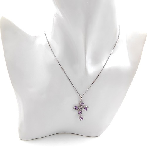 Collana in argento 925 Croce Pendente con Ametista girocollo da donna religioso - Foto 7 di 9