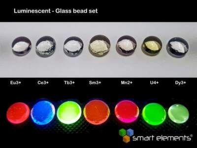 Set of highly fluorescent metal doped glass beads - 7 pcs. + free UV LED Lamp