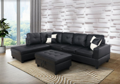 NEW Modern Black Sectional w/ Faux Leather Storage Ottoman & 2 Accent Pillows