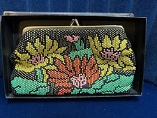 Vintage 1970s MCM Flower Beaded Cloth Clutch Evening Purse Kiss Latch Boho Style