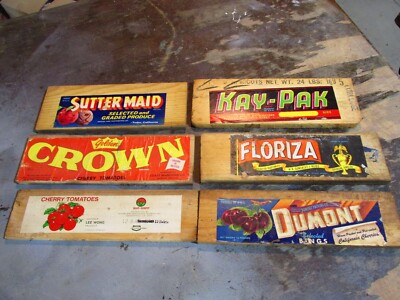 Lot of 6 Vtg Wood Fruit Grapes Box Crate Advertising End Boards w/ Labels Eb10
