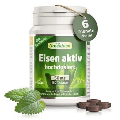 GREENFOOD Eisen aktiv, 50 mg, extra hochdosiert, 180 Tabletten. Vegan.