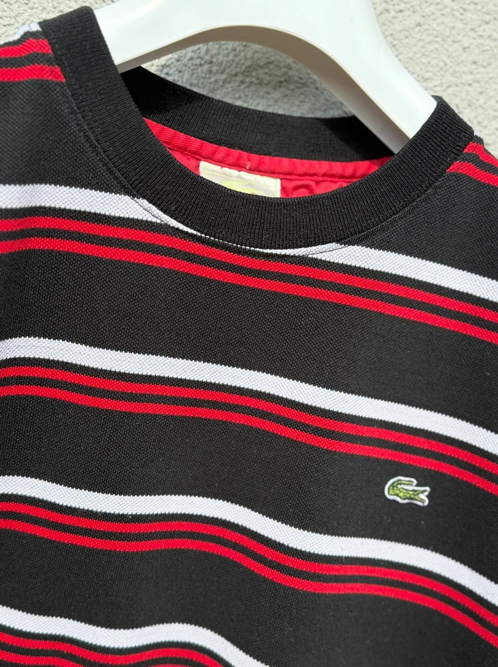 LACOSTE T Shirt Mens MEDIUM to LARGE Striped Black White Red Vintage Crew Neck - Image 3 of 4