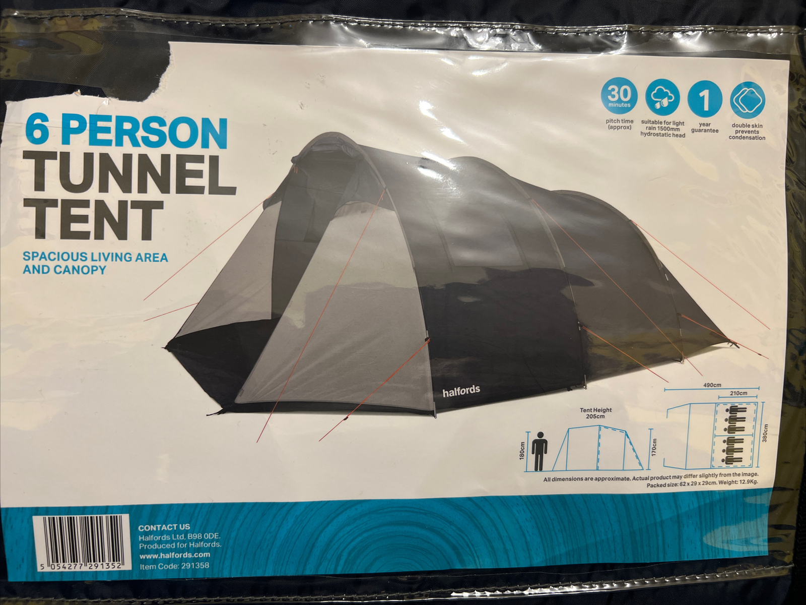 Halfords 6 Person Tunnel Tent 2 rooms Large Family Tent with porch
