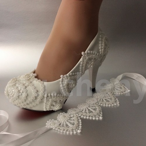 su.cheny 3" 4" Tacón Blanco Marfil Encaje Perlas Boda Zapatos Bombas Novia Talla 5-11 - Imagen 6 de 12