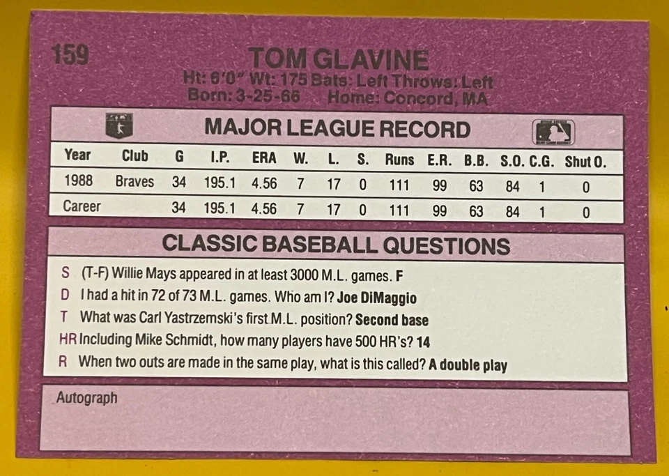 1989 CLASSIC TRAVEL PURPLE #159 TOM GLAVINE ROOKIE RC BASEBALL CARD - Image 2 of 3