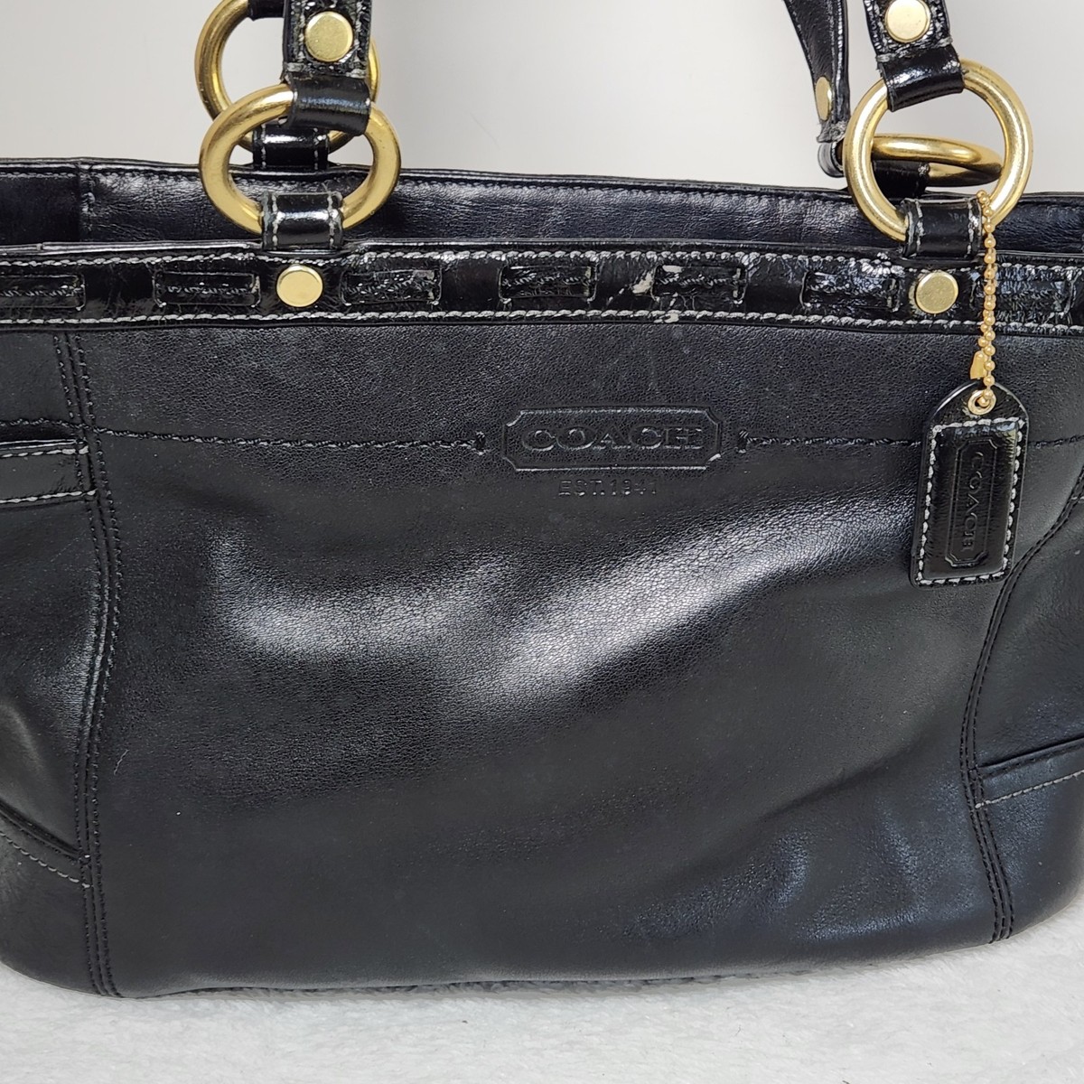 Coach Gallery Black Leather Carryall Shoulder Bag Brass Laced Turn