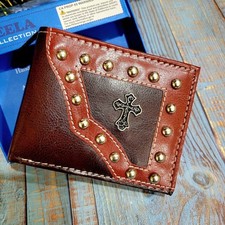 Cross Western Wallet Mens FAUX LEATHER Short Bifold handcrafted In Gift Box .