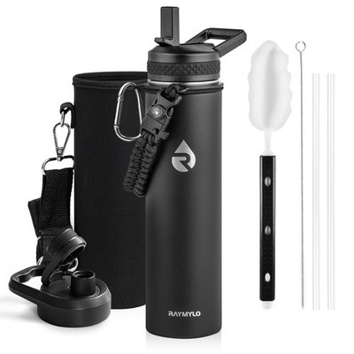 RAYMYLO Isolierte Edelstahl Trinkflasche mit Strohhalm 710 ml, Magic Black
