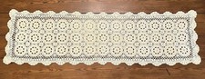 Vintage Hand Crocheted Lace Table Runner Cotton Floral Motif Scalloped Edge