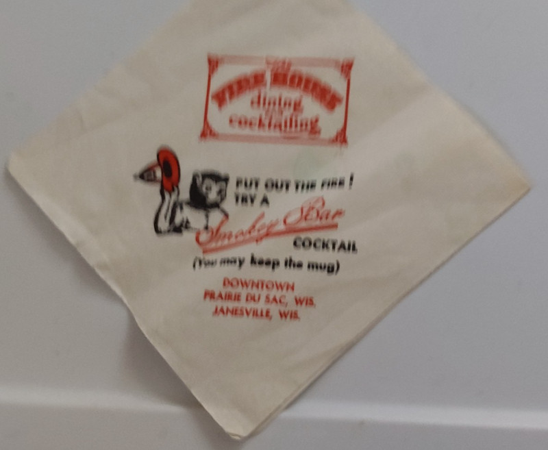 VINTAGE PAPER COCKTAIL NAPKIN " THE FIRE HOUSE " PRAIRIE DU SAC "   WISCONSIN