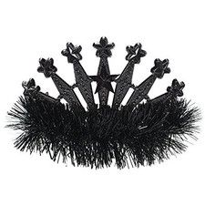 Black Plastic Tinsel Fringed Tiara with Star Gem Accents
