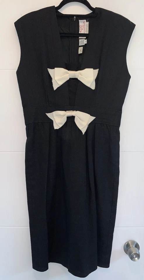 Vestido Vintage Oscar de la Renta Lazo Lino Negro Blanco Talla 10 EE. UU. 60s 70s Foto 2 de 4