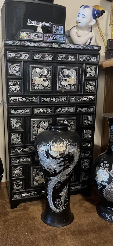 1960s korean mother of pearl Cabinet - Black Lacquer 77” Tall
