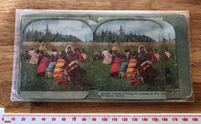 PAAR IDENTISCHE antike Ingersoll Farbstereoview IGORROTE FRAUEN HUND FLEISCHFEST