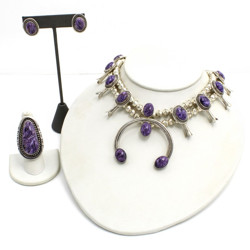Signed Southwest Sterling Charoite Squash Blossom Earring Ring Lot of 3 #S5620-3