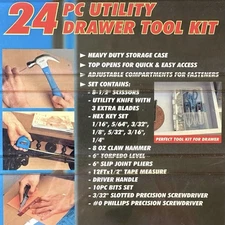 24 Pc Utility Drawer Tool Kit, Heavy Duty Storage Case, Adjustable Compartments