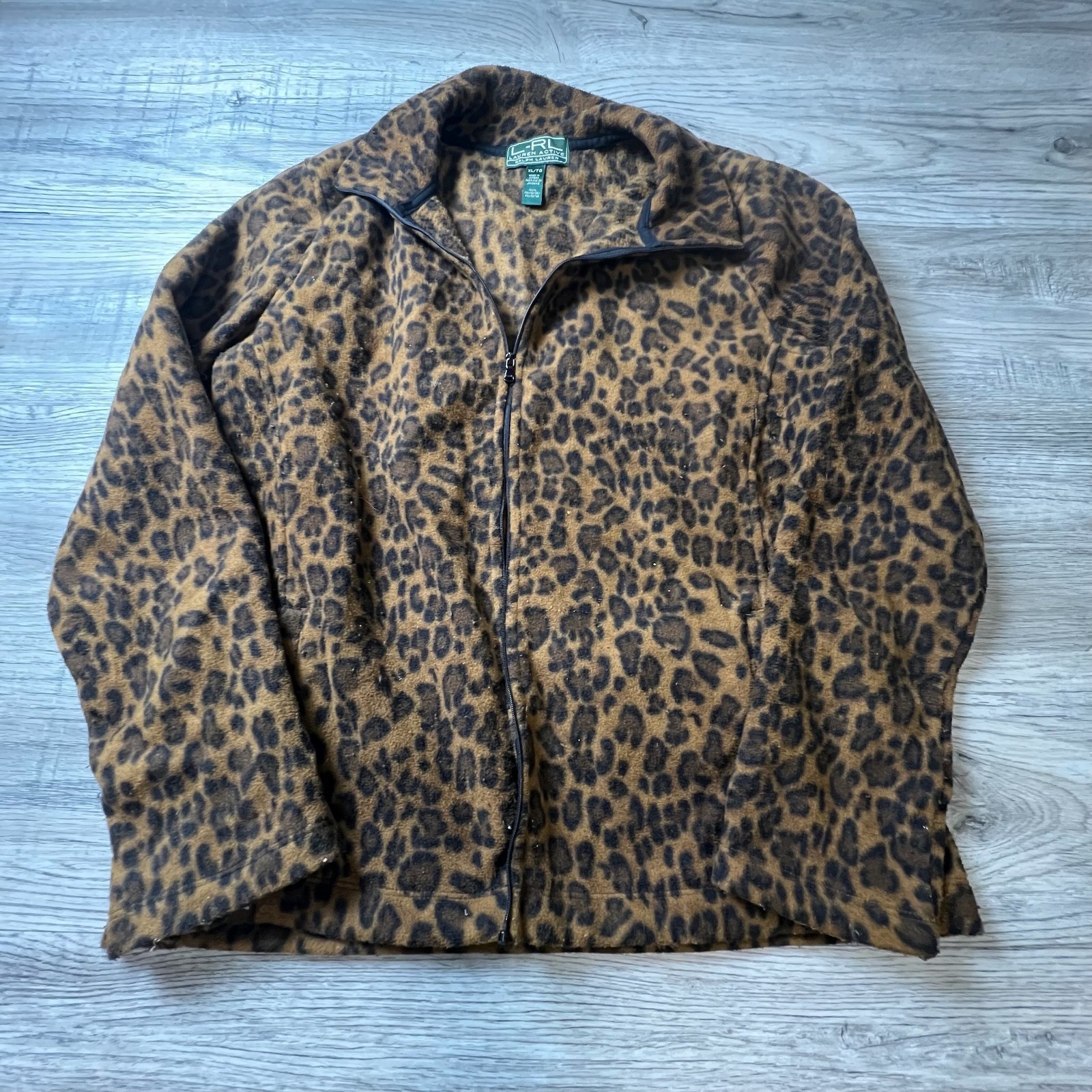 Lauren Ralph Lauren Fleece Jacket Womens XL Brown Leopard Print Full Zip N87