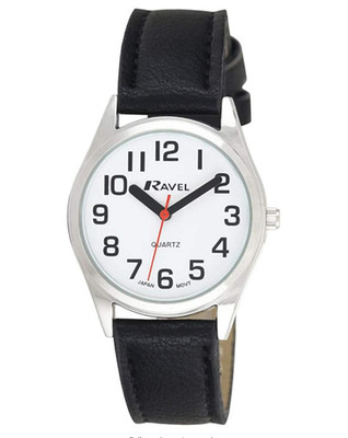 Armbanduhr schwarz Kunstlederband silbernes Gehäuse 27 mm leicht ablesbares Zifferblatt groß fett