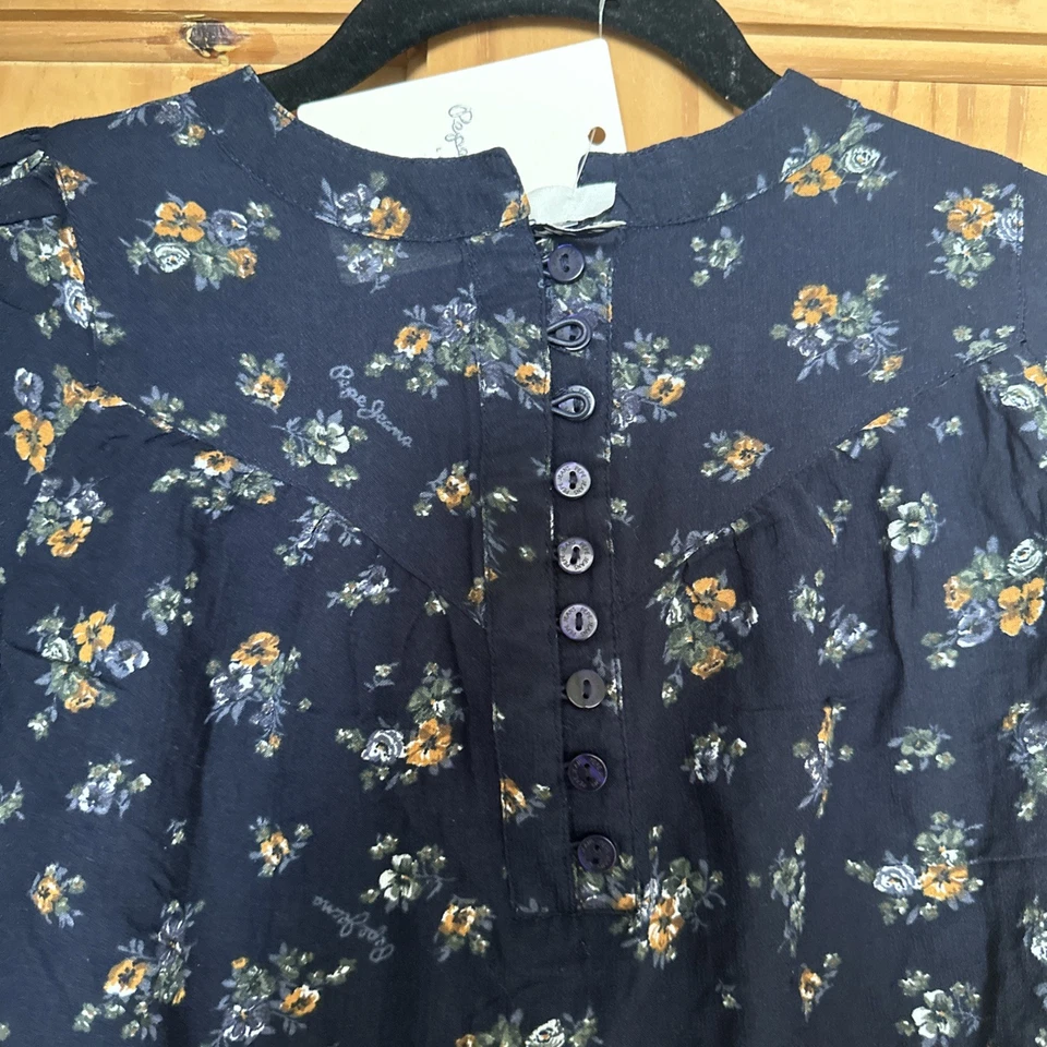 Blusa corta para mujer talla UK 6 XS Pepe Jeans media manga azul marino amarillo flores Foto 3 de 4