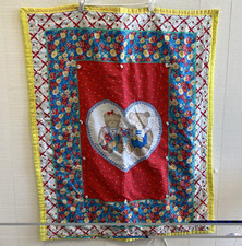 Vintage Handmade Teddy Bear Baby Quilt Hand Tied Floral Crib Blanket 32x40