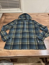 O'Neill Women  s 1/4 Zip Pullover Sweater Blue Green Plaid Hoodie Large Fleece