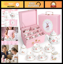 Kids Porcelain Tea Party Set - Pretend Play Teapot Cups, Carry Case, Gifts 3