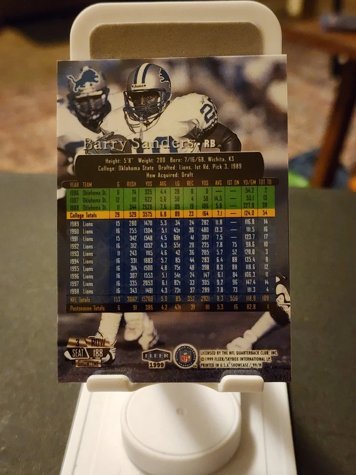 Сиденье Barry Sanders 1999 Flair Showcase 3 ряда 188 1941/1999 Detroit Lions РЕДКОЕ CS - Изображение 2 из 2