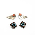 Southwest Sterling Silver Turquoise Red Coral Feather Earring Lot of 6 #S5036-5 — photo 4